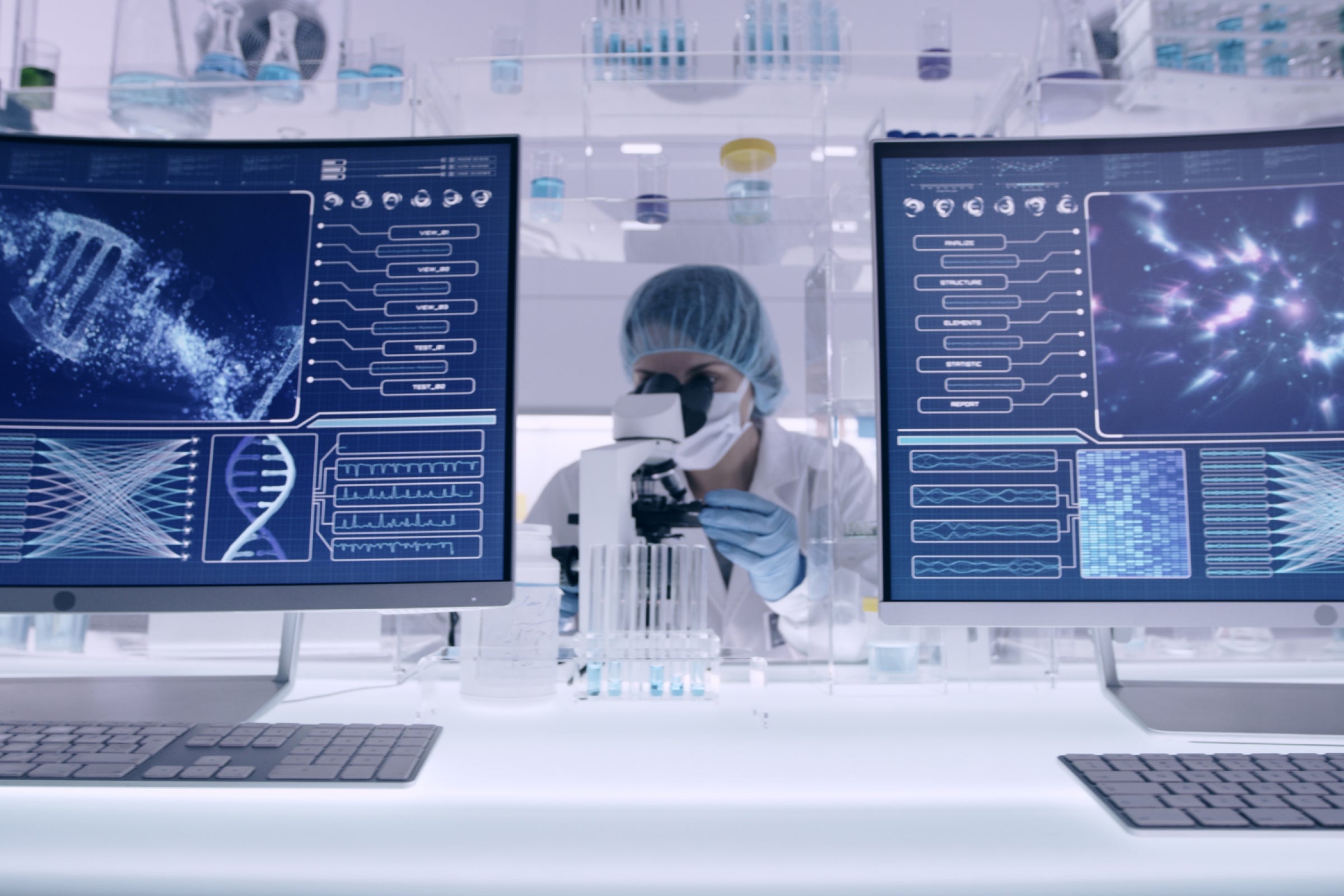 Female scientist studying DNA sequences under a microscope, focusing on NAD+ in Alzheimer's research.