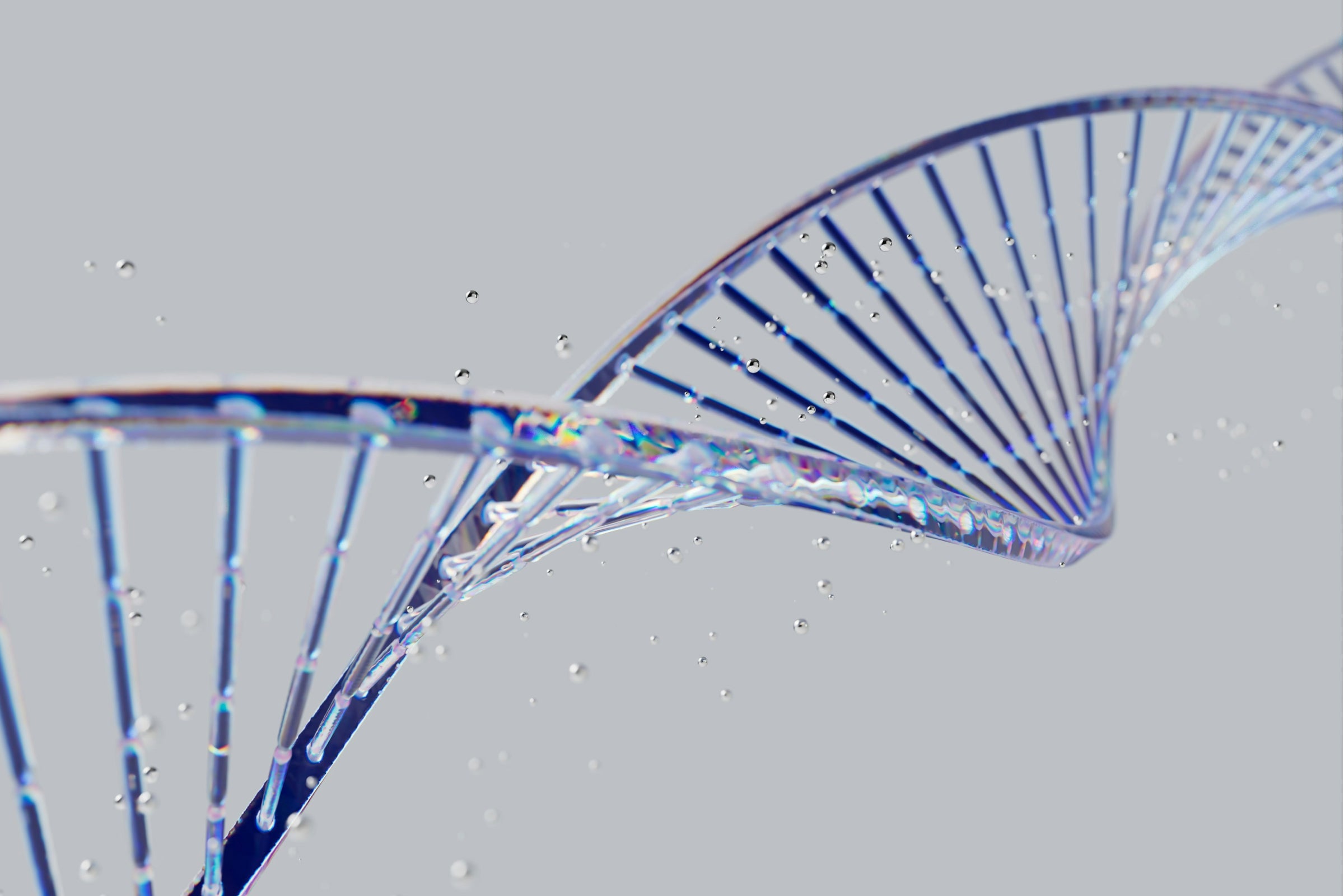 3D DNA double helix illustration representing NAD+ research on telomere function and cellular aging.