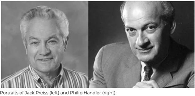 Portraits of Jack Preiss and Philip Handler, who discovered the Preiss-Handler pathway for NAD+ production in 1958.
