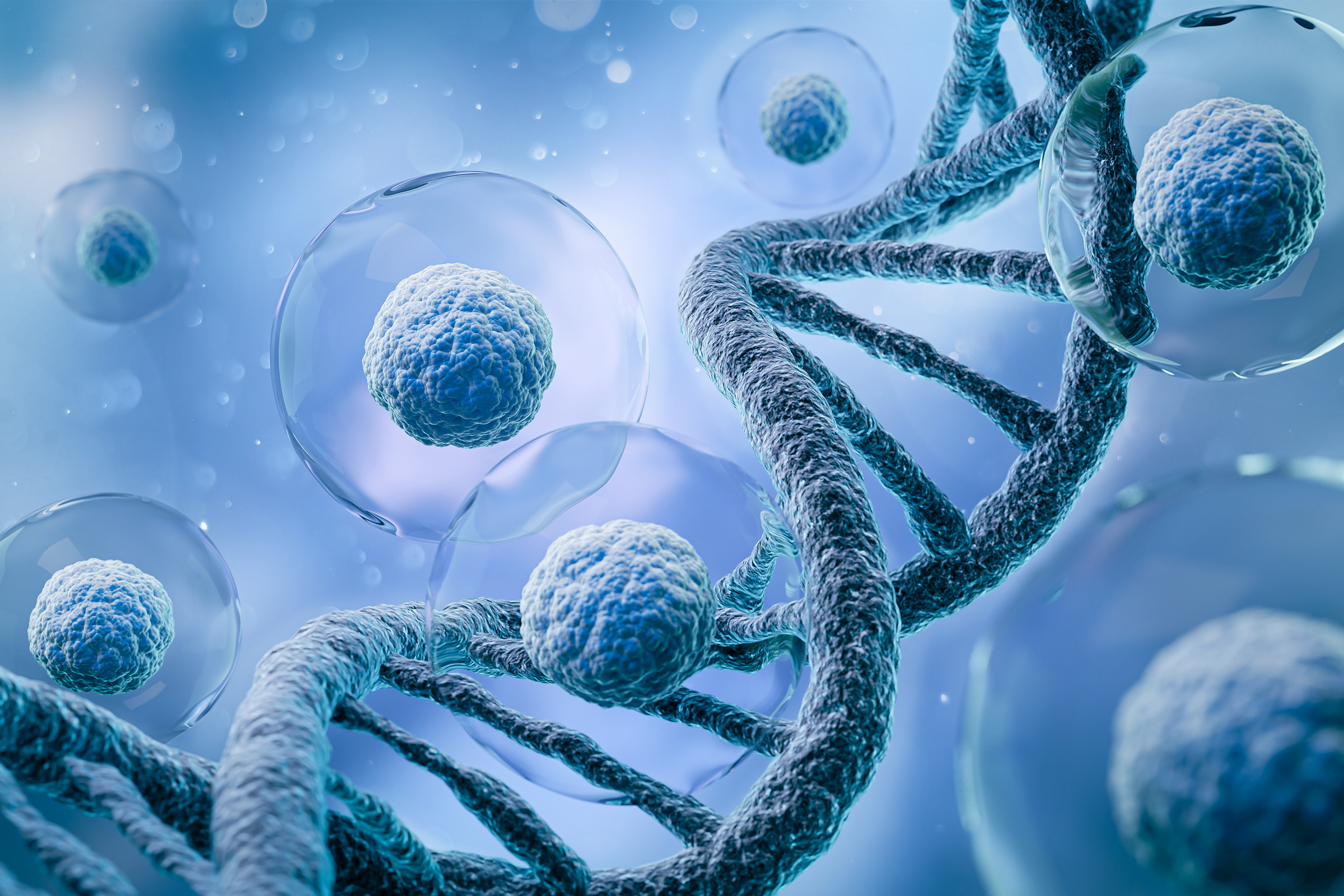 Illustration of DNA double helix and human cells representing NAD+ and DNA repair in orphan disease.